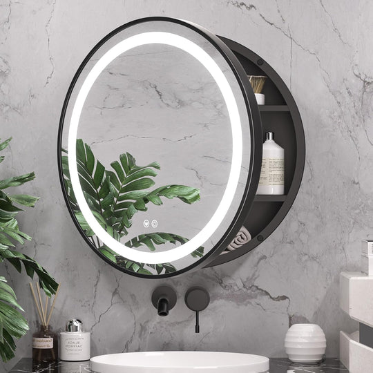 Miroir LED avec meuble, rond, 10 W, 50 x 50 cm, anti-buée, cadre noir, espace de rangement, miroirs d'armoire Titre par défaut Alessandro Design
