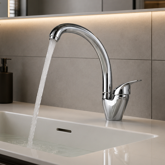 Robinet de Cuisine Chromé Brillant LB00C, Robinet Cygne Pivotant, Cartouche Céramique, Ensemble Complet avec Raccords et Système de Fixation