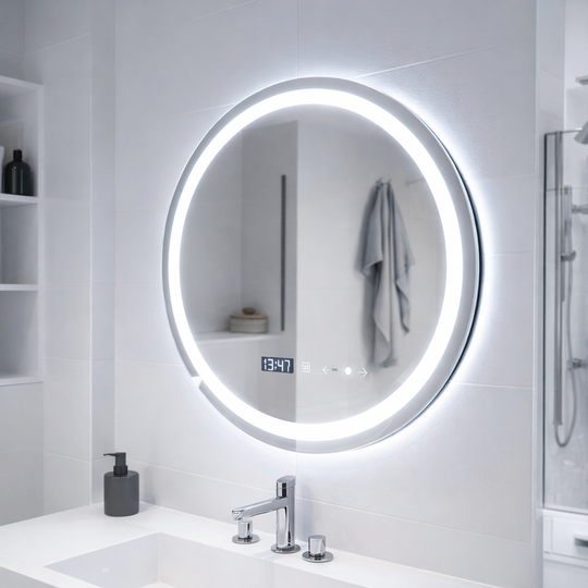 Miroir LED rond, 70 cm, Celeste MotionGlow Marcello, système antibuée, horloge et thermomètre, intensité variable, lumière froide neutre et chaude 3000K/4000K/6000K Miroirs Marcello Titre par défaut Alessandro Design