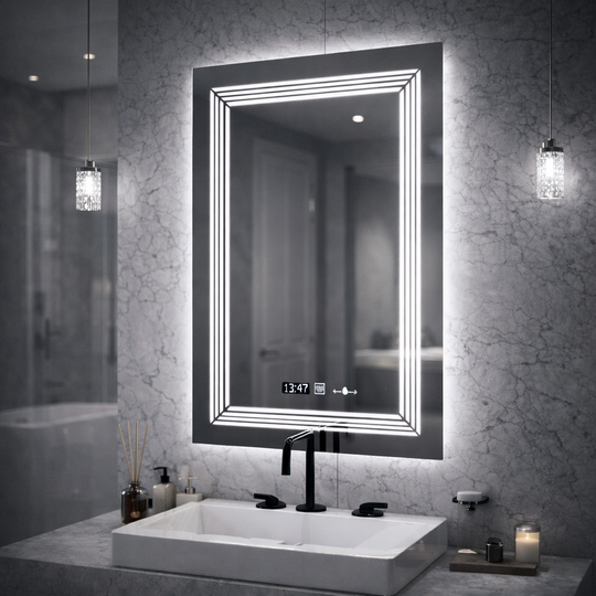 Miroir LED rectangulaire, 60x80 cm, capteur MotionGlow Venezia Marcello, système de désembuage, horloge et thermomètre, intensité variable, lumière froide neutre et chaude 3000K/4000K/6000K Miroirs Marcello Titre par défaut Alessandro Design