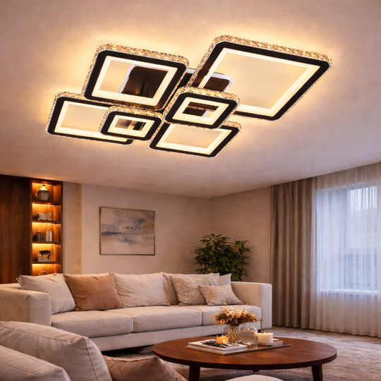 Lustre LED avec télécommande et cristal QUADRIS RGB 177W, 6 carrés, Lumière Froide/Chaude/Neutre 3000K/4000K/6000K, Dimmable, Noir, Métal et Cristal Lustres LED avec Télécommande Titre par défaut Alessandro Design