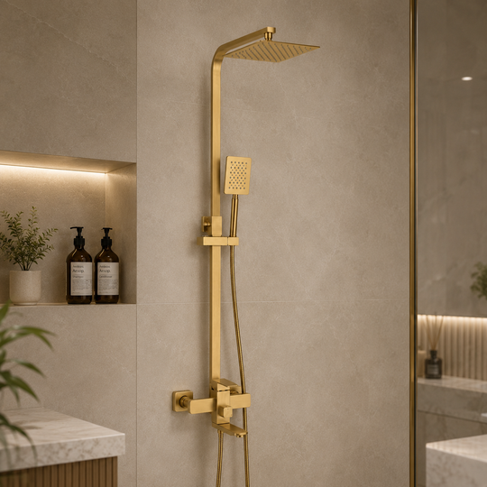 SET Colonne de douche avec robinet, Acier inoxydable, Douche carrée, Effet pluie, 3 fonctions, Montage mural, Finition or brossé, Accessoires inclus Robinets et colonnes de douche Titre par défaut Alessandro Design