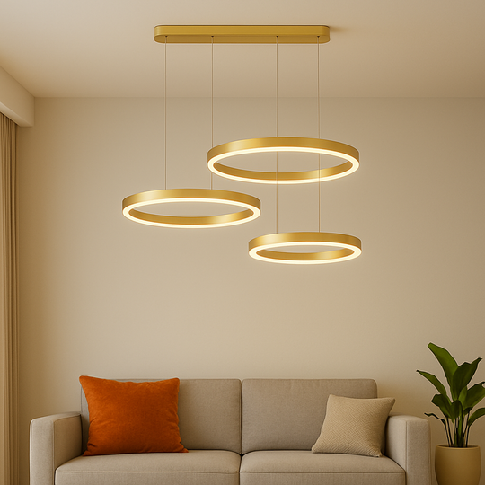 Lustre LED suspendu avec télécommande PERU 150W, 3 Cercles, Lumière Froide/Chaude/Neutre, Intensité variable, Or Brillant, Hauteur Réglable Lustres Modernes Titre par défaut Alessandro Design