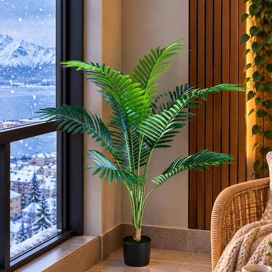 Plante artificielle palmier Kentia, 12 feuilles, 120 cm, vert, avec pot