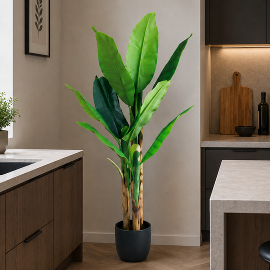 Bananier artificiel, 140 cm, 3 tiges, 11 feuilles, vert, avec pot