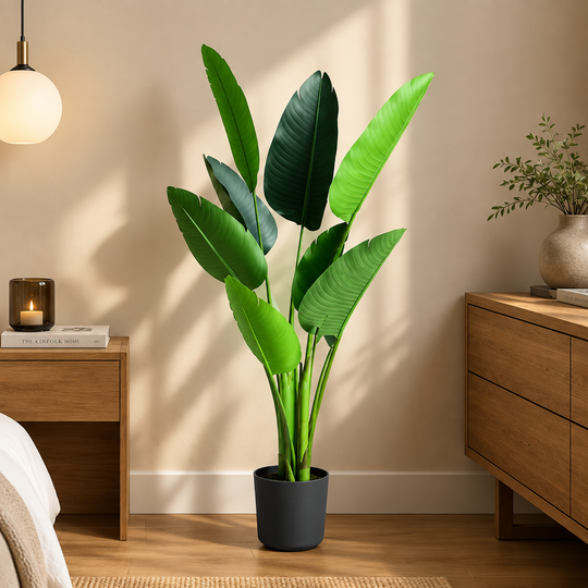 Plante artificielle type Strelitzia Nicolai (Oiseau du Paradis), 120 cm, 8 feuilles, Vert