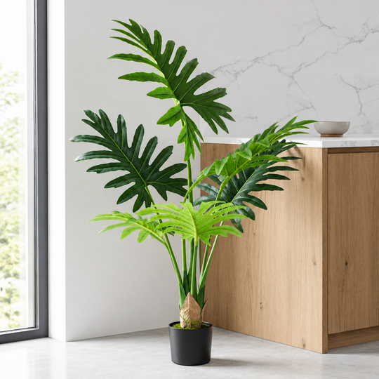 Plante artificielle type Philodendron, 6 feuilles, 120 cm, Vert