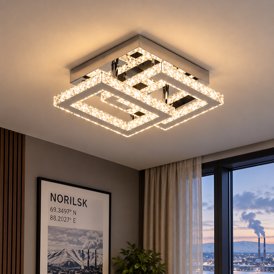 Lustre LED avec cristal JEREMIAH 48W, 2 Carrés, Lumière Froid/Chaud/Neutre, Chrome Brillant