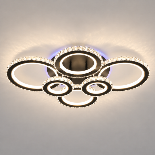 Lustre LED avec télécommande et cristal NOVA ROTONDA RGB 145W, 6 Cercles, Lumière Froide/Chaude/Neutre, Dimmable, Noir