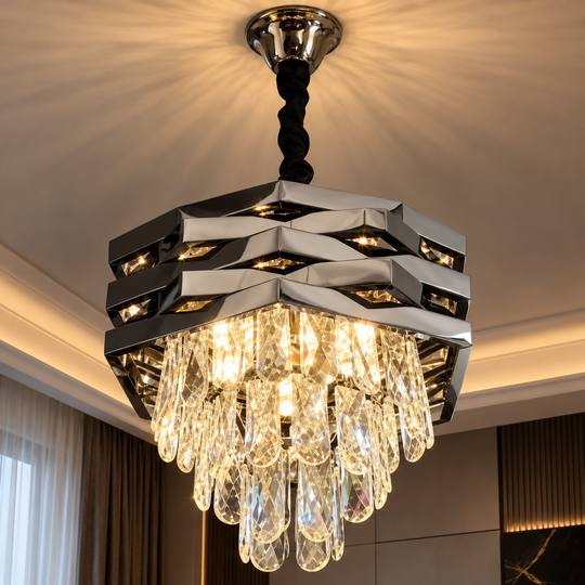 Lustre Cristal HEXA Ø30cm 3xE14 Noir Hauteur Réglable