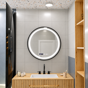 Miroir rond LED, 80 cm, Celeste Majesté Noir MotionGlow Marcello, système anti-buée, horloge et thermomètre, intensité variable