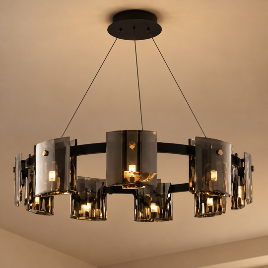 Lustre moderne, Valmontreux Largo, 8xG9, diamètre 80cm, cristaux noirs et gris, hauteur réglable, métal et cristal