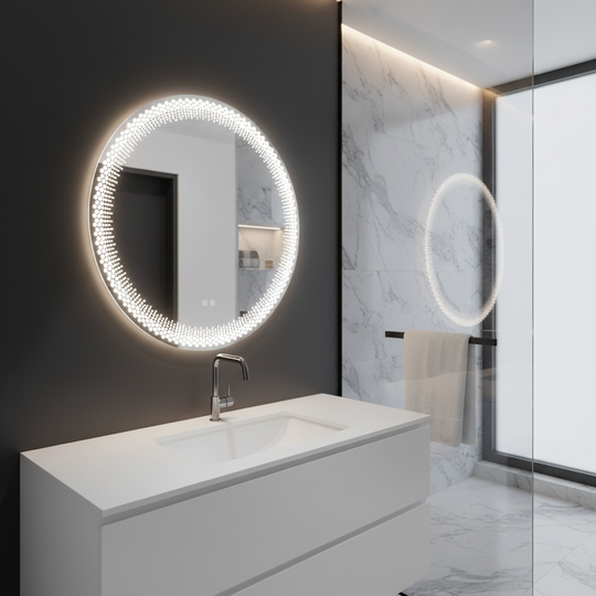 Miroir LED rond Nexos, 60 cm, 24 W, lumière chaude/froide/neutre, capteur, système anti-buée, horloge, intensité variable