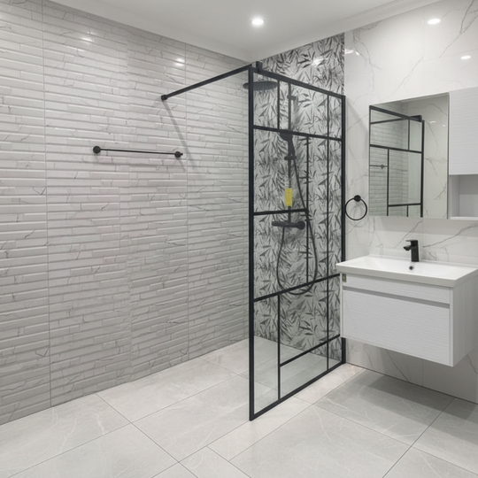 Paroi de douche à l'italienne MANITOBA, 90x195cm, métal et verre, transparent et noir