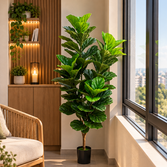 Plante de figuier artificiel, feuilles à 4 branches, 180 cm, vert, avec pot