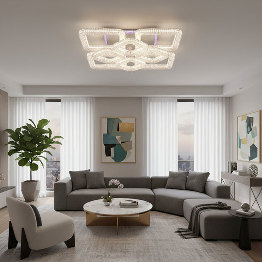 RENATO Magno Lustre LED avec télécommande et cristal, 128W, 8 carrés, Lumière Froide/Chaude/Neutre, Dimmable, Blanc