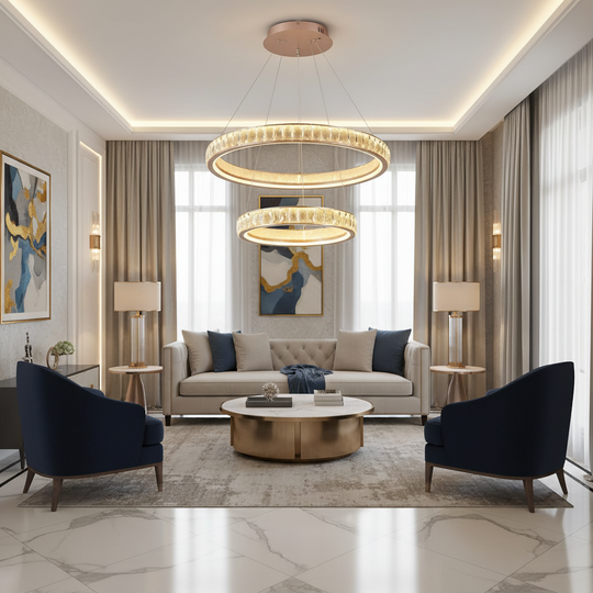Lustre en cristal, KENSINGTON Magno, 111W, doré, 2 éléments, hauteur réglable, lumière chaude/froide/neutre Lustres LED avec télécommande Titre par défaut Alessandro Design