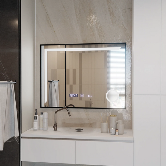 Miroir LED Capteur MotionGlow Francesca 80x60 cm Lumière Chaude/Froide/Neutre Cadre Intensité Variable Noir Brossé Système de Désembuage Thermomètre Horloge Collection Marcello Funghi