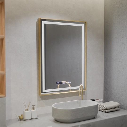 Miroir LED rectangulaire, 60x80 cm, Verite Royale Gold MotionGlow Marcello, système anti-buée, horloge et thermomètre, intensité variable