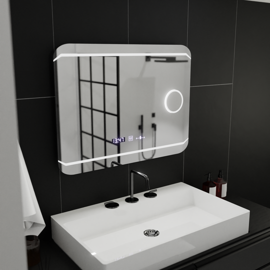 Miroir LED rectangulaire, 80 x 60 cm, style MotionGlow Marcello, système anti-buée, horloge et thermomètre, loupe cosmétique, miroirs Marcello à intensité variable Titre par défaut Alessandro Design