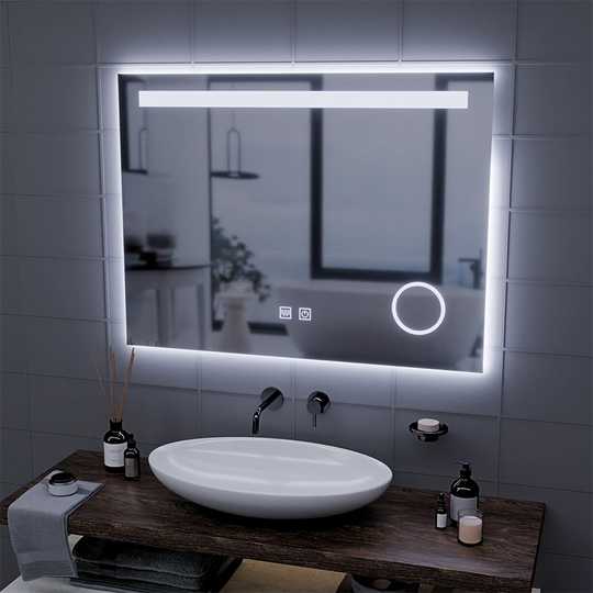 Miroir LED rectangulaire, 80x60 cm, Piano Touch, système anti-buée, intensité variable, lumière froide 6000K