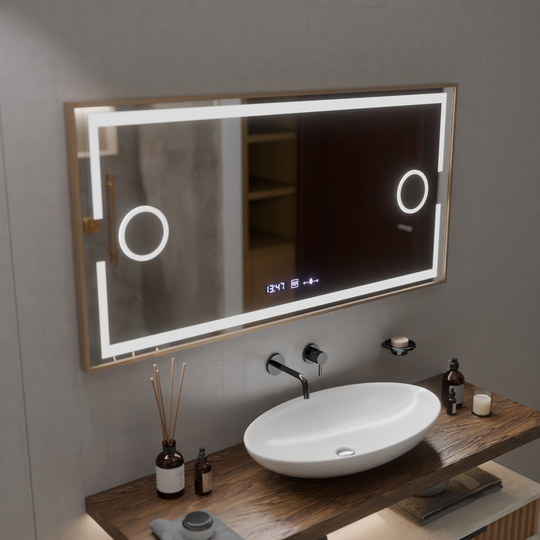 Miroir LED MotionGlow Capteur Sofia avec fonction anti-buée Thermomètre Horloge 110x65 cm Lumière Chaude/Froide/Neutre Intensité Variable, Cadre Or Rose, Collection Marcello Funghi Marcello Mirrors Default Title Alessandro Design