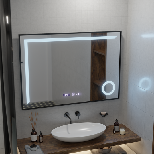 Miroir LED Capteur MotionGlow Sofia avec fonction désembuage Thermomètre Horloge 110x75 cm Lumière chaude/froide/neutre à intensité variable, cadre noir brossé, Collection Marcello Funghi Miroirs Marcello Titre par défaut Alessandro Design
