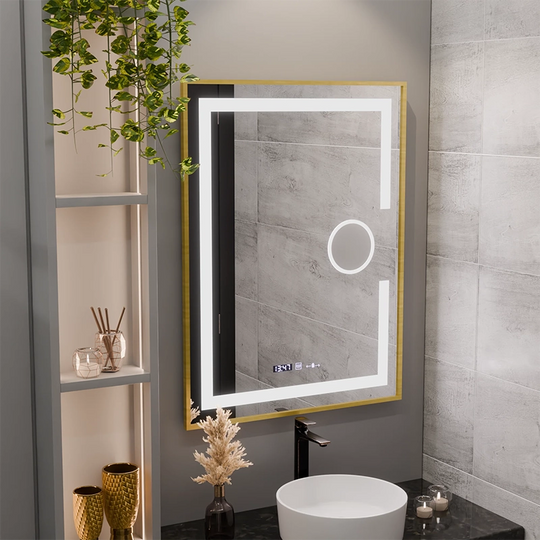 Miroir LED rectangulaire, 60x80 cm, Eclat MotionGlow Marcello, système anti-buée, horloge et thermomètre, loupe cosmétique, intensité variable, cadre doré brossé