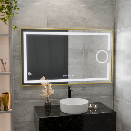 Miroir LED rectangulaire, 120x80 cm, Eclat MotionGlow Marcello, système antibuée, horloge et thermomètre, loupe cosmétique, intensité variable, cadre doré brossé Miroirs Marcello Titre par défaut Alessandro Design