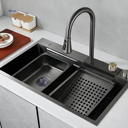 Ensemble d'évier de cuisine en acier inoxydable avec double robinet, bol à légumes/fruits perforé, bol universel avec bouchon de vidange, hachoir, noir graphite, 75x45x21cm Éviers Titre par défaut Alessandro Design