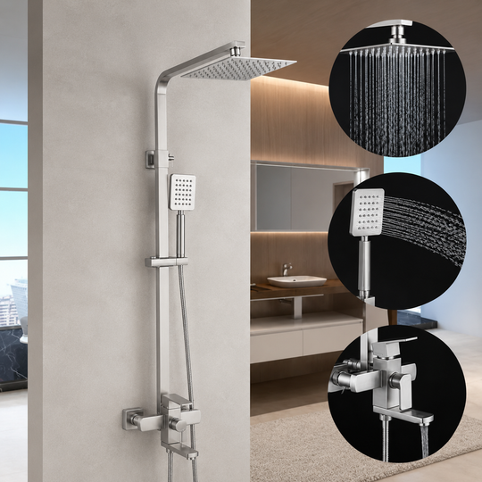 SET Colonne de douche avec robinet, Acier inoxydable, para carré, effet pluie, 3 fonctions, montage mural, Satiné, Accessoires inclus, LY005 Robinets et colonnes de douche Default Title Alessandro Design