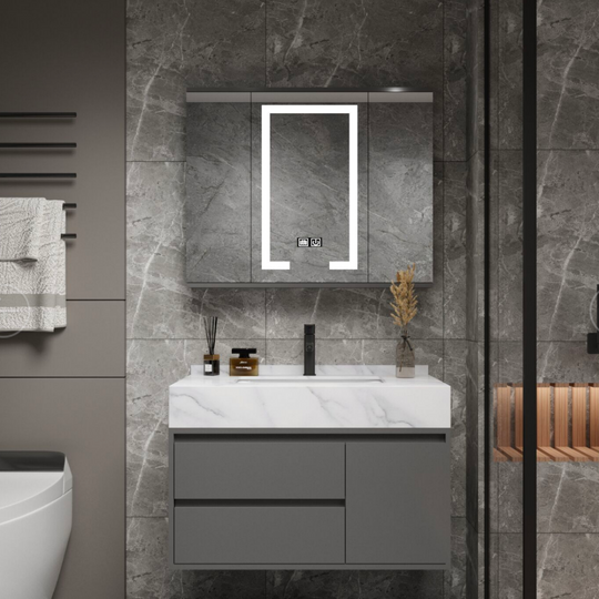 Ensemble de meubles de salle de bain SANTORINI, meuble lavabo + meuble miroir 80 cm, 2 pièces, meuble de salle de bain gris et blanc Default Title Alessandro Design