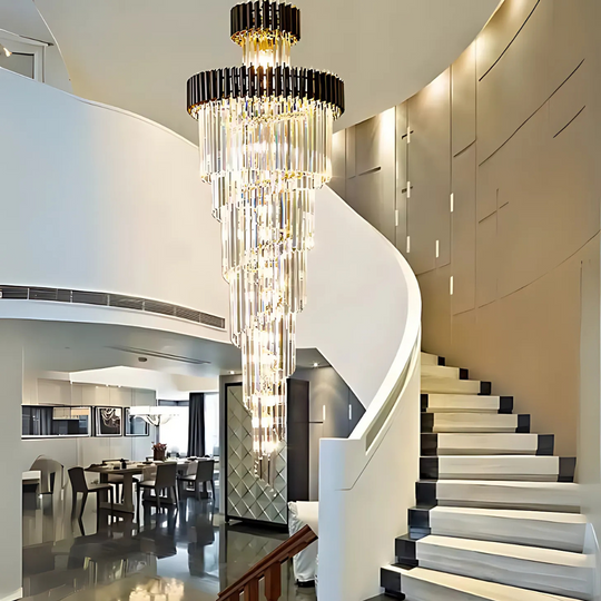 Lustre en cristal CC900/600X1800, 27xE14, diamètre 60 cm, hauteur 180 cm, or brillant et noir, hauteur réglable, lustres en cristal au design élégant Titre par défaut Alessandro Design