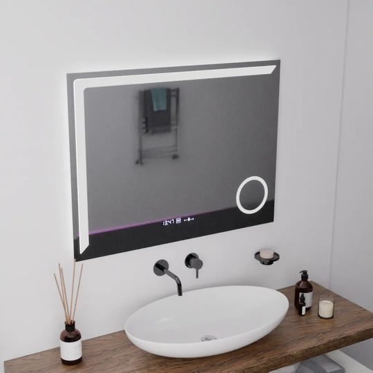 Miroir LED rectangulaire, 80 x 60 cm, Precision MotionGlow Marcello, système de désembuage, horloge et thermomètre, loupe cosmétique, miroirs Marcello à intensité variable Titre par défaut Alessandro Design