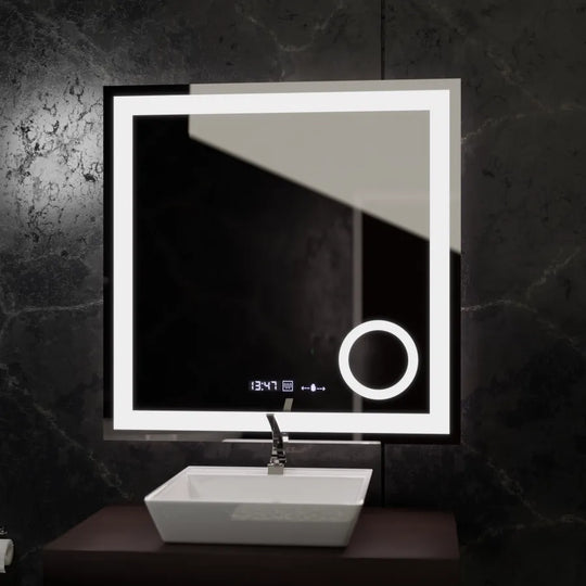 Miroir LED rectangulaire, 80x80 cm, Souverain MotionGlow Marcello, système anti-buée, horloge et thermomètre, loupe cosmétique, miroirs Marcello à intensité variable Titre par défaut Alessandro Design