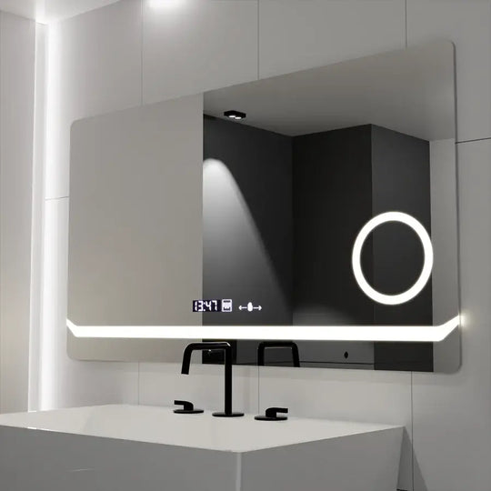 Miroir LED rectangulaire, 80x60 cm, définition MotionGlow Marcello, système anti-buée, horloge et thermomètre, loupe cosmétique, miroirs à intensité variable Marcello Titre par défaut Alessandro Design