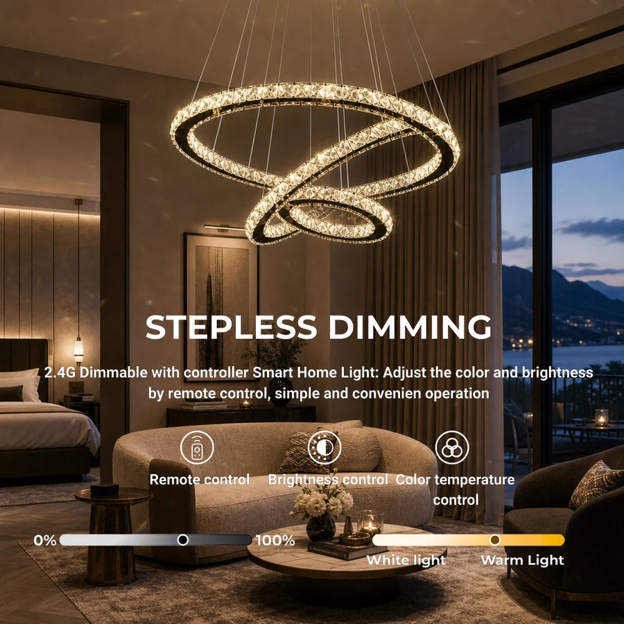 Lustre LED suspendu avec télécommande et cristal PRISM LUMINIS 79W, 3 Cercles, Lumière Froid/Chaud/Neutre, Dimmable, Chrome, Hauteur Ajustable - 01_LT029.png
