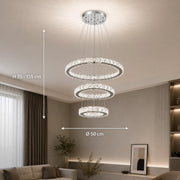 Lustre LED suspendu avec télécommande et cristal PRISM LUMORA 63W, 3 Cercles, Lumière Froid/Chaud/Neutre, Dimmable, Chrome Brillant, Hauteur Réglable - 02_LLC131-3CH.png