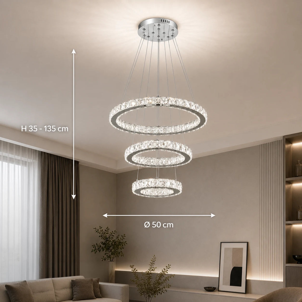 Lustre LED suspendu avec télécommande et cristal PRISM LUMORA 63W, 3 Cercles, Lumière Froid/Chaud/Neutre, Dimmable, Chrome Brillant, Hauteur Réglable - 02_LLC131-3CH.png