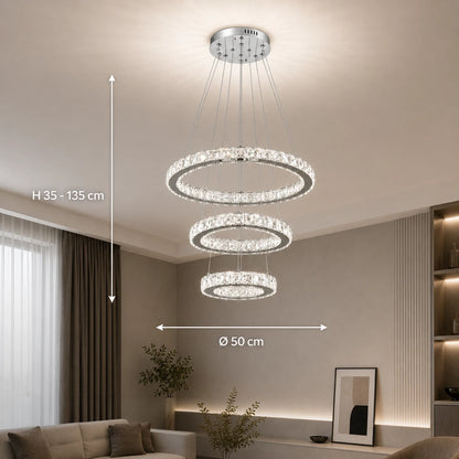 Lustre LED suspendu avec télécommande et cristal PRISM LUMORA 63W, 3 Cercles, Lumière Froid/Chaud/Neutre, Dimmable, Chrome Brillant, Hauteur Réglable - 02_LLC131-3CH.png