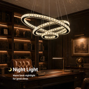 Lustre LED suspendu avec télécommande et cristal PRISM LUMINIS 79W, 3 Cercles, Lumière Froid/Chaud/Neutre, Dimmable, Chrome, Hauteur Ajustable - 04_LT029.png