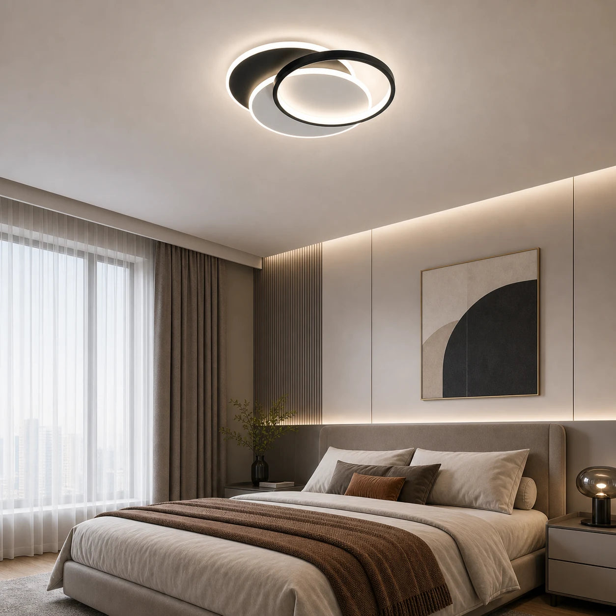 Lustra LED cu telecomanda CHIARA 67W, 3 Cercuri, lumina Rece/Calda/Neutra, Dimabila, Negru - LT633-500R_place_bedroom.png