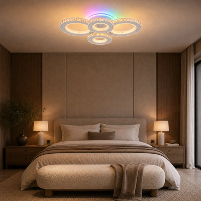 Plafonnier LED avec télécommande et cristal NOVA ROTONDA RGB 82W, 4 Cercles, Lumière Froid/Chaud/Neutre, Dimmable, Blanc