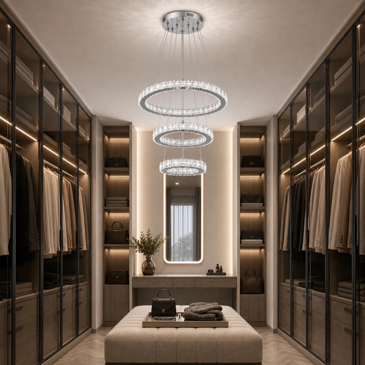 Lustre LED suspendu avec télécommande et cristal PRISM LUMORA 63W, 3 Cercles, Lumière Froid/Chaud/Neutre, Dimmable, Chrome Brillant, Hauteur Réglable - 07_LLC131-3CH.png