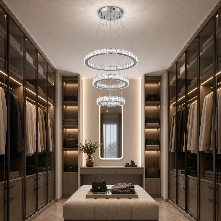 Lustre LED suspendu avec télécommande et cristal PRISM LUMORA 63W, 3 Cercles, Lumière Froid/Chaud/Neutre, Dimmable, Chrome Brillant, Hauteur Réglable - 07_LLC131-3CH.png