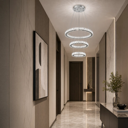 Lustre LED suspendu avec télécommande et cristal PRISM LUMORA 63W, 3 Cercles, Lumière Froid/Chaud/Neutre, Dimmable, Chrome Brillant, Hauteur Réglable - 08_LLC131-3CH.png
