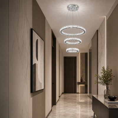 Lustre LED suspendu avec télécommande et cristal PRISM LUMORA 63W, 3 Cercles, Lumière Froid/Chaud/Neutre, Dimmable, Chrome Brillant, Hauteur Réglable