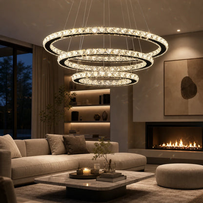 Lustre LED suspendu avec télécommande et cristal PRISM LUMINIS 79W, 3 Cercles, Lumière Froid/Chaud/Neutre, Dimmable, Chrome, Hauteur Ajustable - 08_LT029.png