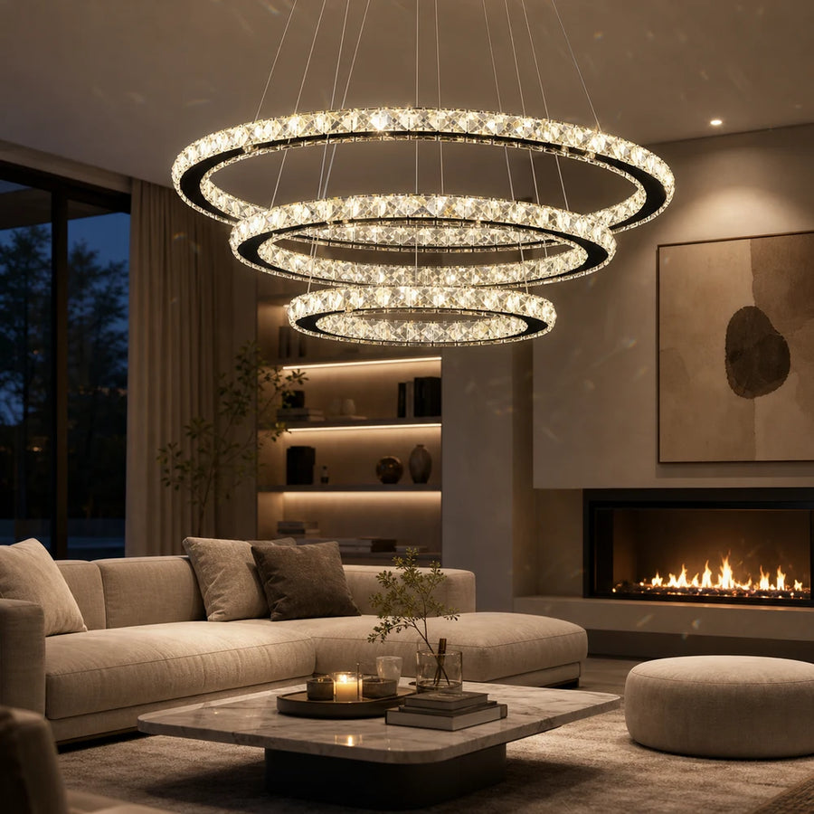 Lustre LED suspendu avec télécommande et cristal PRISM LUMINIS 79W, 3 Cercles, Lumière Froid/Chaud/Neutre, Dimmable, Chrome, Hauteur Ajustable - 08_LT029.png