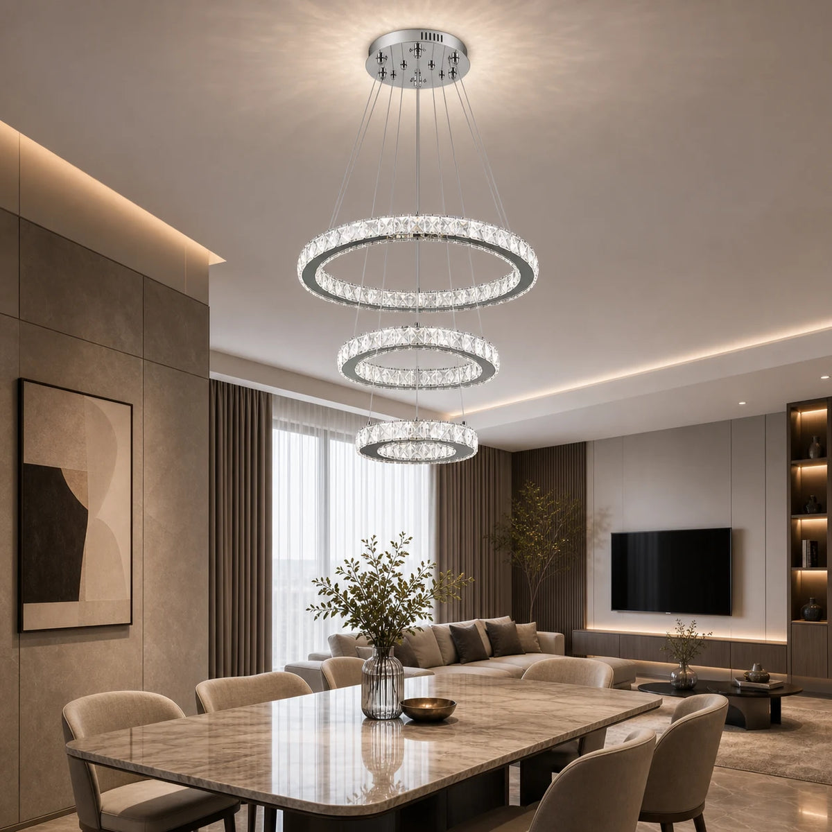 Lustre LED suspendu avec télécommande et cristal PRISM LUMORA 63W, 3 Cercles, Lumière Froid/Chaud/Neutre, Dimmable, Chrome Brillant, Hauteur Réglable - 09_LLC131-3CH.png
